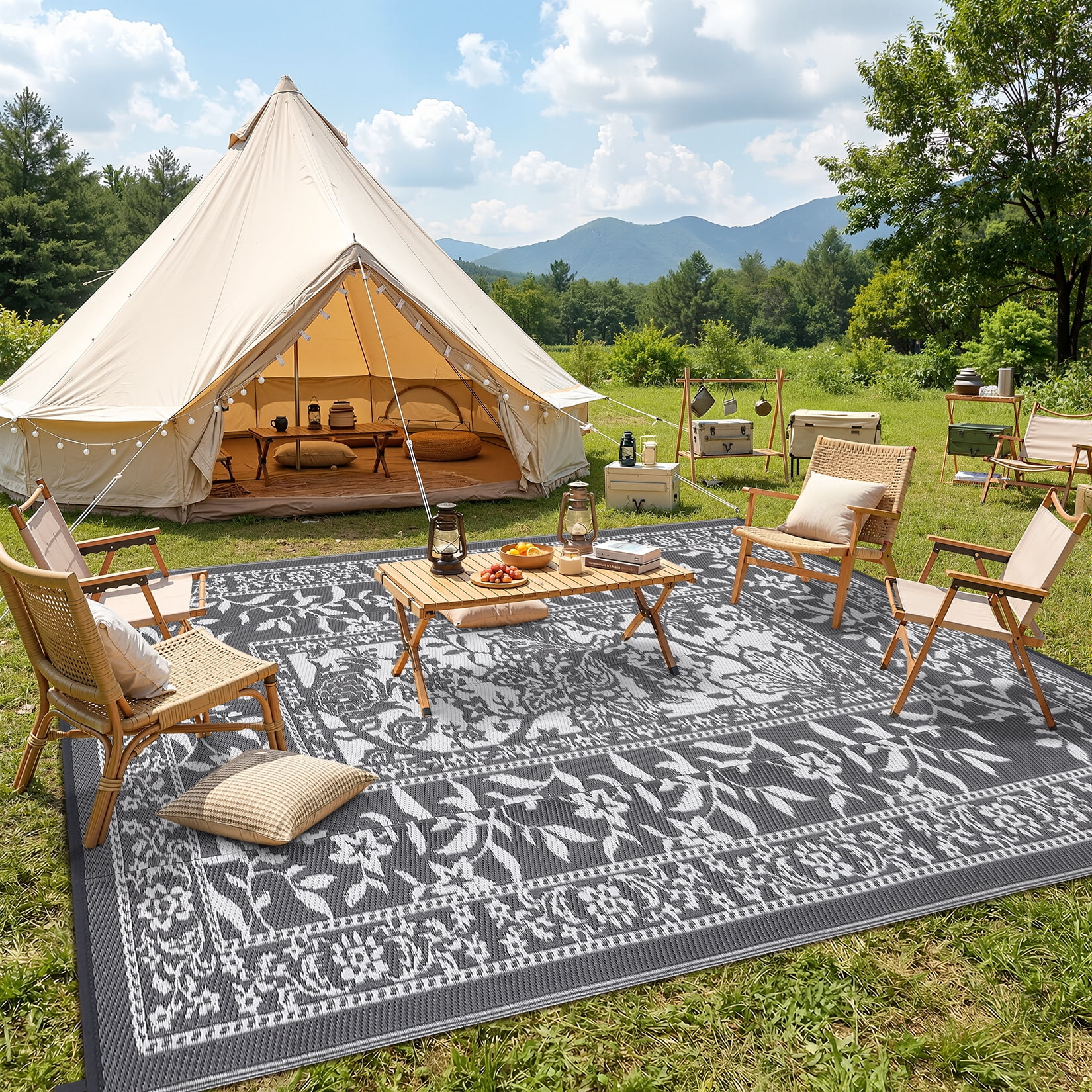 Garvee Outdoor Rug 9x12ft Waterproof Reversible Foldable Plastic Straw Rug, Modern Floral Border Outdoor Mat for Patio, Camping, RV, Deck, Porch, Balcony, Gray/White