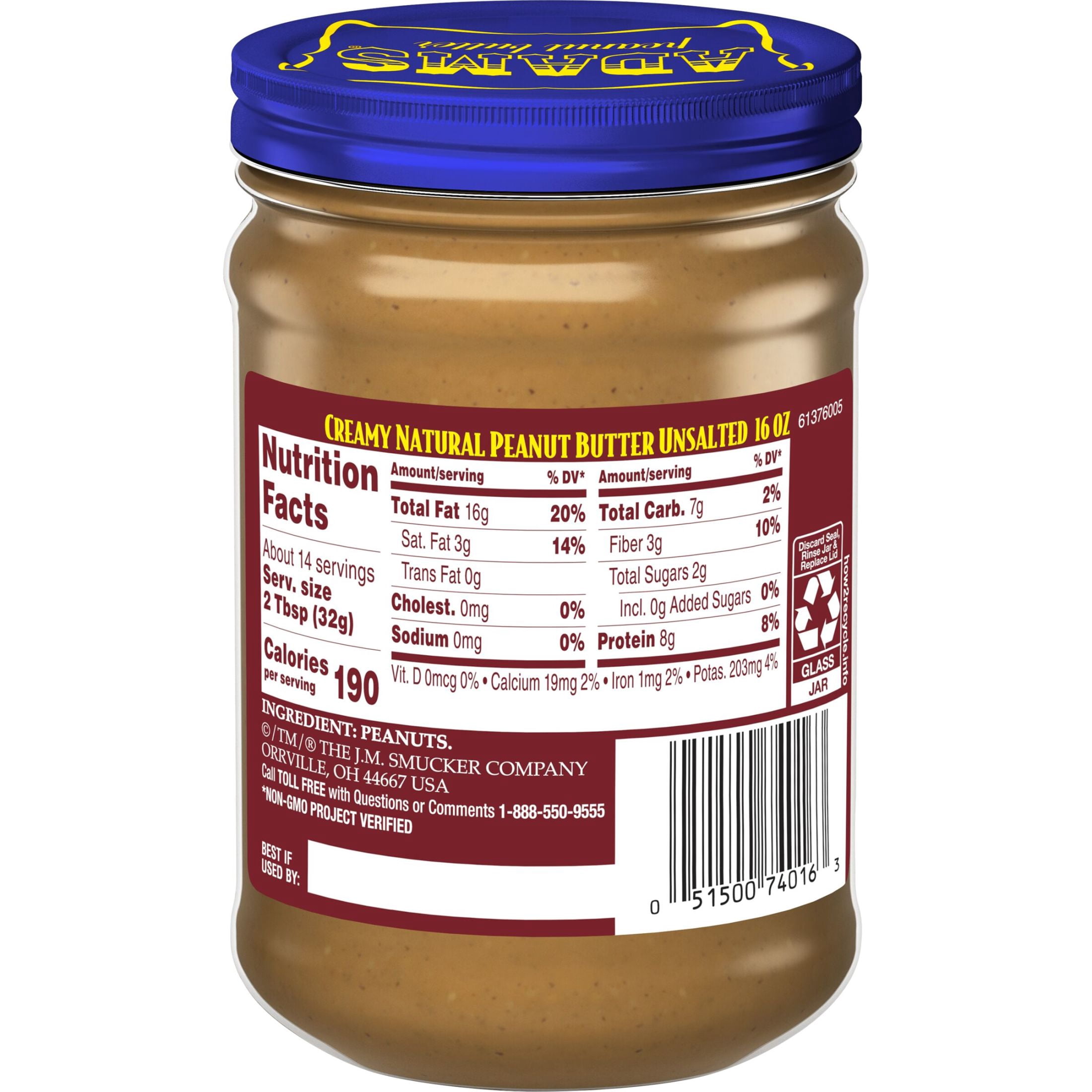 (3 pack) Adams Natural Creamy Unsalted Peanut Butter, 16 oz
