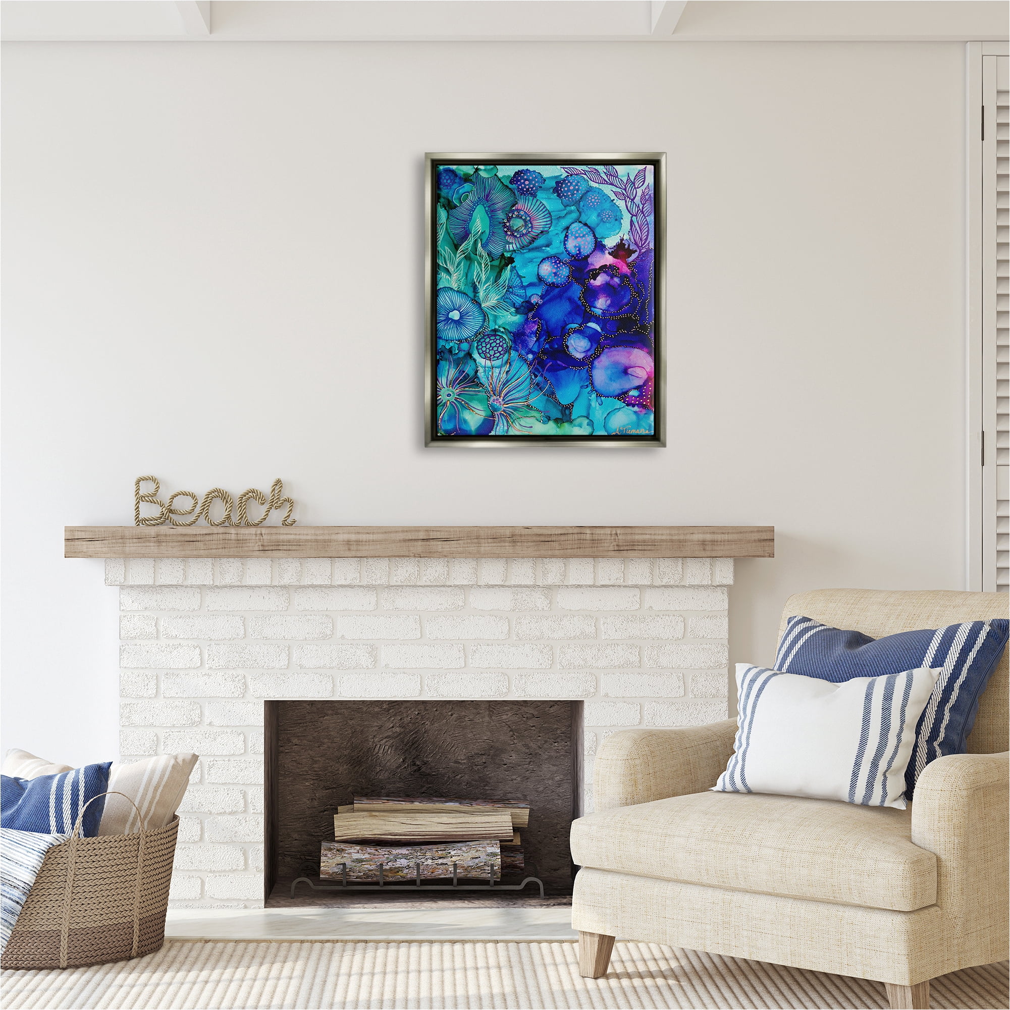 Stupell Industries Blue Modern Sea Life Abstract Painting Gray Floater Framed Canvas Art Print Wall Art, 25 x 31