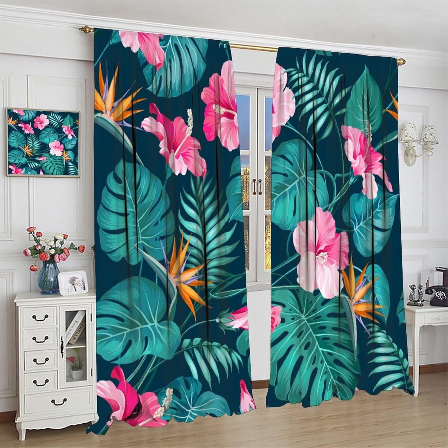 Tropical Curtains Green Palm Leaves Pink and Yellow Flowers Blackout Print Rod Pocket Window Drapes for Bedroom Living Room 52x84in