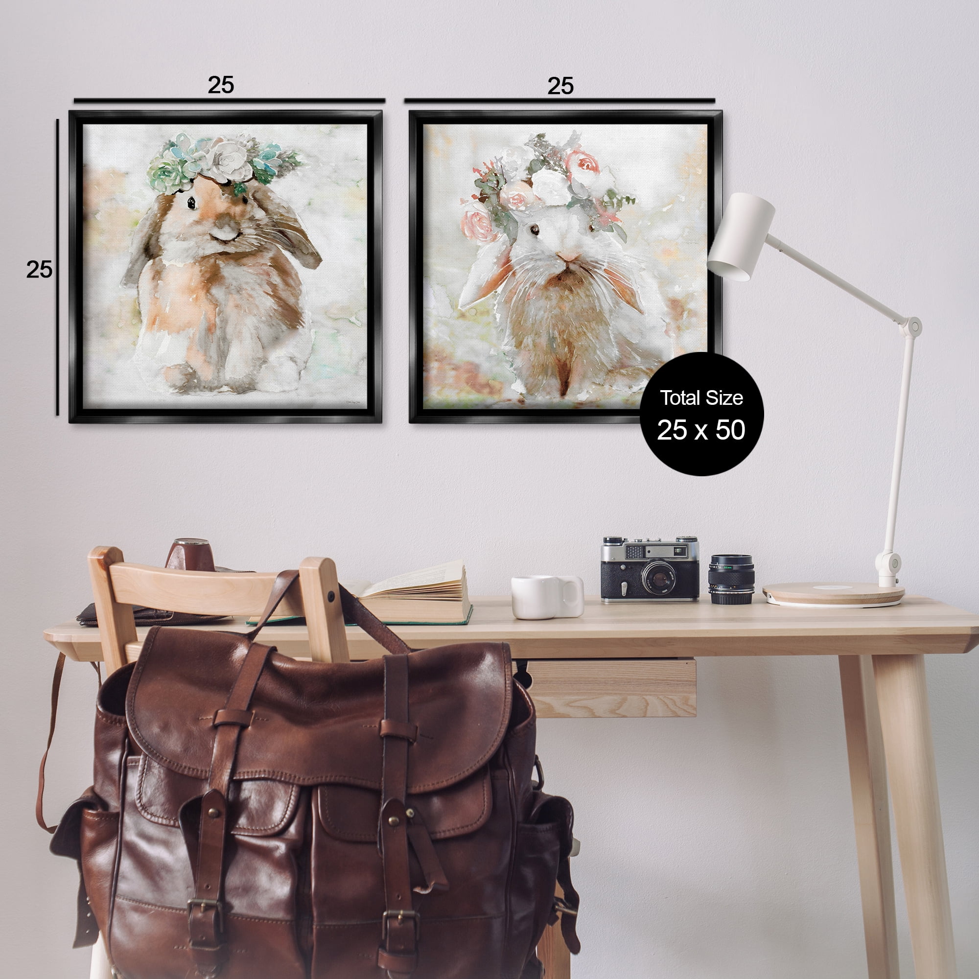 Stupell Industries Soft Spring Floral Bunnies Animals Painting Black Floater Framed Canvas Art Print Wall Art, 25 x 25, Set of 2