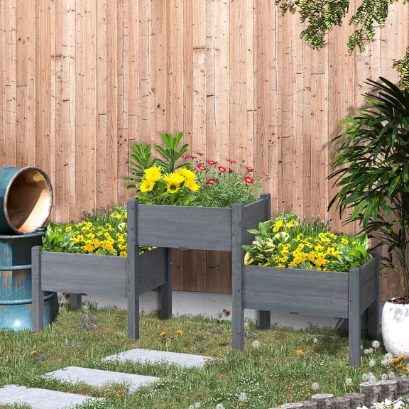 Outsunny 73" x 18" x 32" Raised Garden Bed w/ Three Elevated Planter Box, Freestanding Wooden Plant Stand for Vegetables, Herb, Flowers, Gray