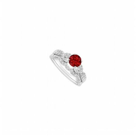 Ruby & Diamond Engagement Ring with Wedding Band Set 14K White Gold, 0.90 CT - Size
