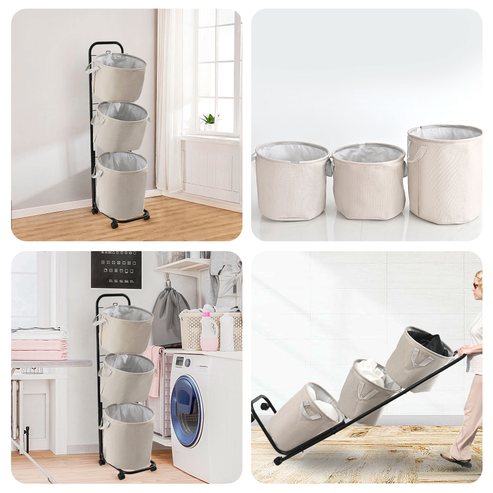 YOUPINS 3-Tier Laundry Hamper Sorter, Laundry Storage Organizer with Wheels Movable Rolling Laundry Baskets Cart, Bathroom Cart Clothes Shelf,Laundry Butler for Bathroom Bedroom Laundry Room, Beige