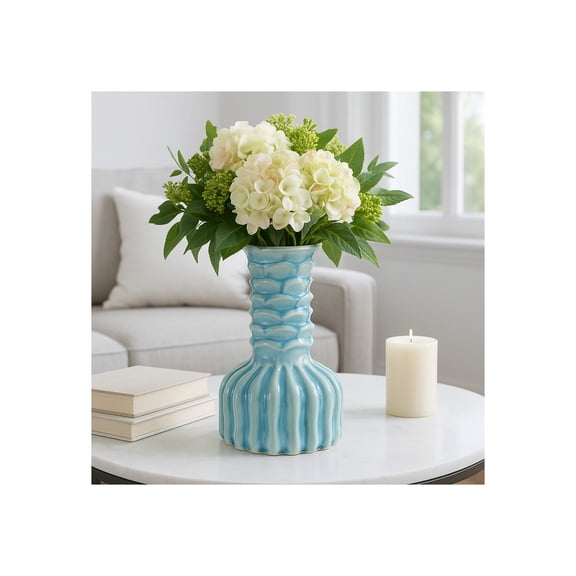 Ceramic Ribbed Bud Vase for Living Room Decor and Home Accent - Coastal House Decor and Dining Room Table - Decorative Flower Vase for Kitchen Counter, Bedroom, and Office Decor - 10", Blue