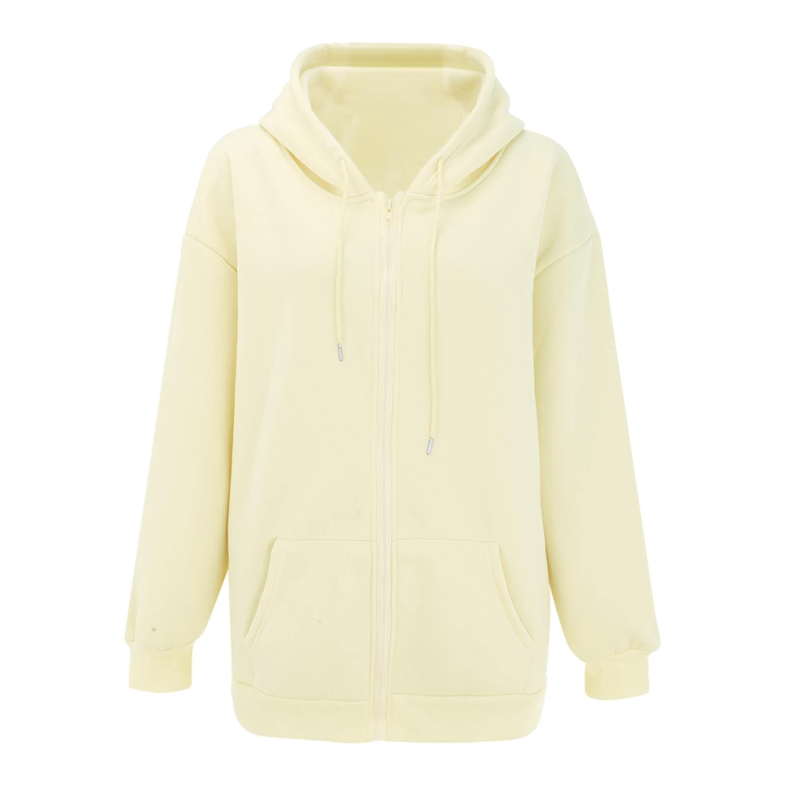 Women's Fall Jacket Oversized Pocket Sweatshirt Casual Drawstring Clothing Zipper Track Jacket Solid Color Long Sleeve Hooded Top
