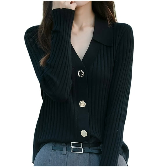 Wyobmus Women’S Button Down Cardigan Sweater Long Sleeve Knitted Slim Undershirt Casual Flip Collar Work Blouses Tops Fall Outfits A-Black