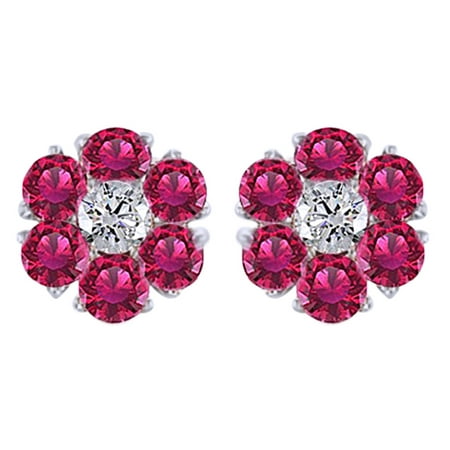 Round Cut Simulated Pink Sapphire With Natural Diamond Cluster Stud Earrings In 14K Solid White Gold