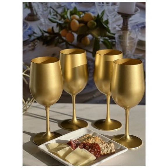 Metallic Gold Plastic Wine Glasses Set of 4, 12oz BPA-Free Acrylic Stemware, Unbreakable Shatterproof Wine Cups for Indoor & Outdoor Use