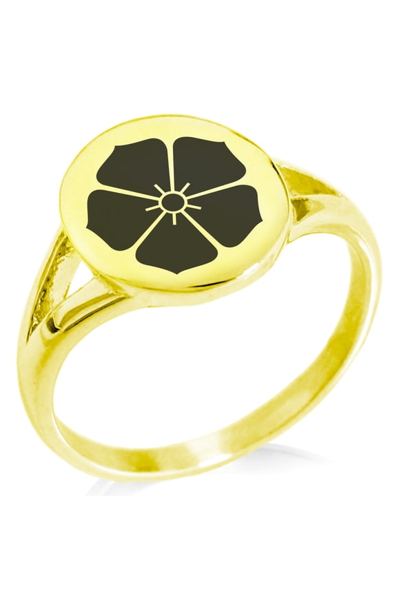 Stainless Steel Akechi Samurai Crest Minimalist Oval Top Polished Statement Signet Ring