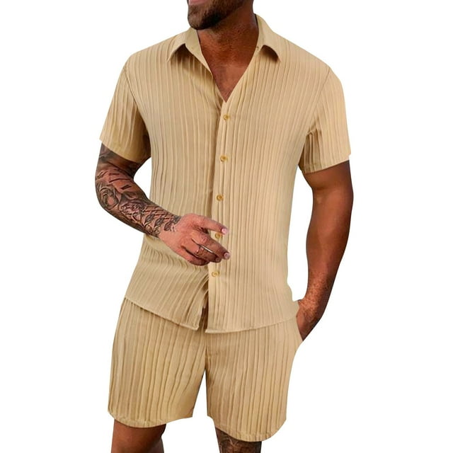 HBFAGFB Two Piece Summer Set Mens Fashion Lapel Button Down Shirt Light Breathable Shorts Brown Size L