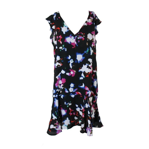 1.State Womens Black Multi Printed Cap-Sleeve Dress S