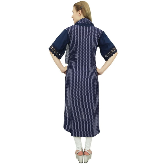 Bimba Robe Kurti Droite Haute Basse Bleu Marine pour Femmes avec Foulard Imprimée - 10