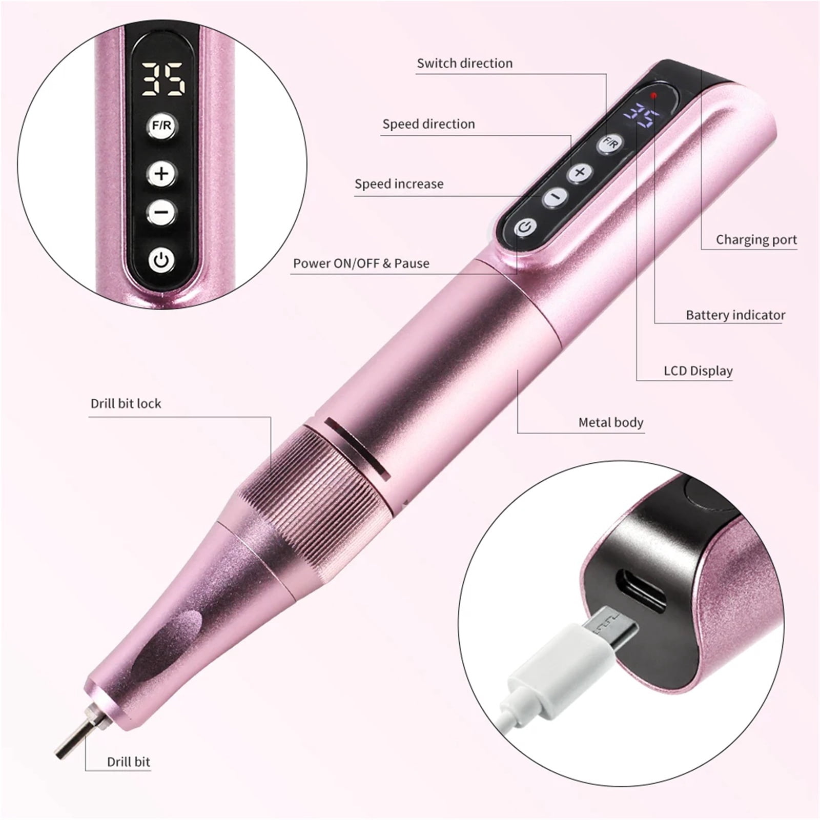 35000RPM Cordless Nail Drill Pen with Display Nail File Polishing Pen Rechargeable Nail Drill Convenient Nail Drill Salon Tool