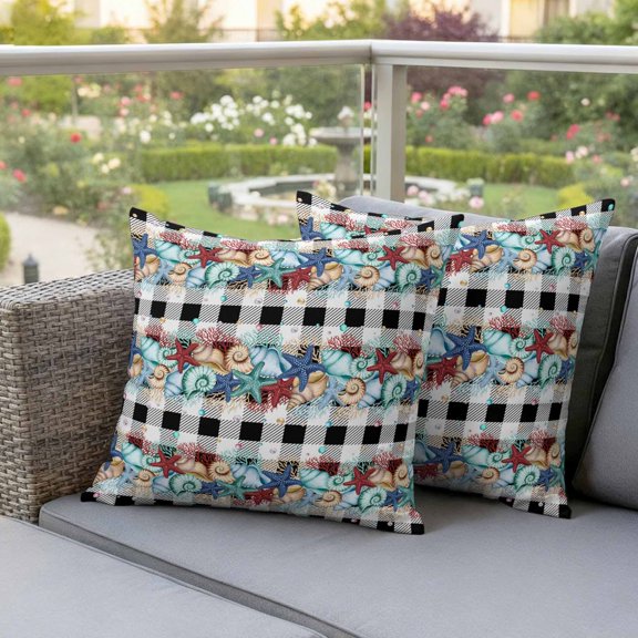 Summer Beach Starfish Coral Waterproof Throw Pillow Covers Set of 2 Black White Plaid Outdoor Cushion Cover Pillow Protector Decorative Pillowcases for Bed Sofa Couch