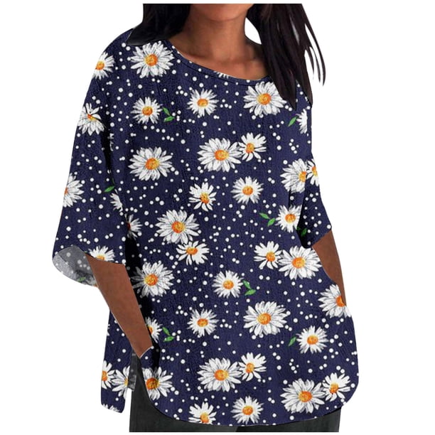 Blusas para las Mujeres Casual Recortado 3/4 Manga Flores Plantas Impreso Suelto Top, Mujer 3/4 Manga Tops Y Blusas