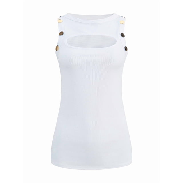 Débardeur Sans Manches à Col Rond avec Boutons pour Femmes, Couleur Unie, Côtelé, Décontracté, Blanc, TG