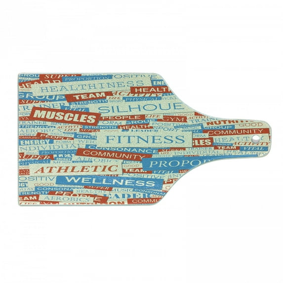 Fitness Cutting Board, Collage of Words Physical Activity Healthiness Nutrition Bodycare Theme, Tempered Glass Cutting and Serving Board, Wine Bottle Shape, Sky Blue White Red, by Ambesonne