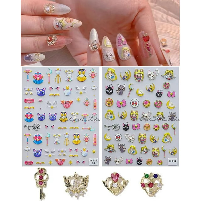 Nuevos adhesivos adhesivos para uñas de princesa Luna y liebre de dibujos animados de Anime 5D en relieve (2 hojas) + accesorios para decoración de uñas con diamantes 3D (4 piezas)