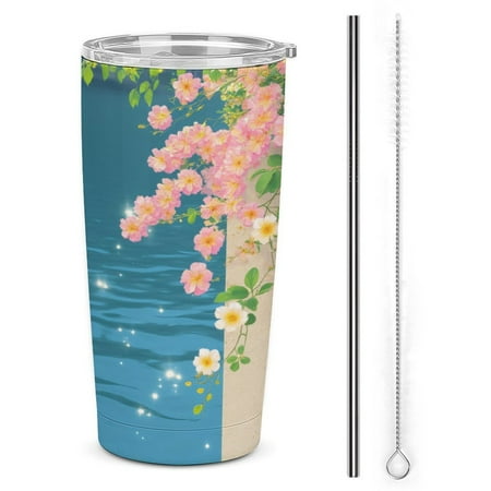 

20oz Insulated Stainless Steel Tumbler Pink Flowers Over Blue Water Double Wall Vacuum Travel Coffee Mug