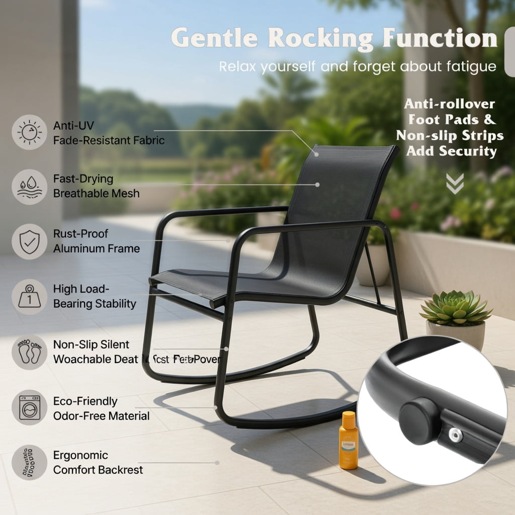 Hommoo 2-Piece Rocking Bistro Set with Tempered Glass Table, Outdoor Patio, Balcony & Backyard Seating for Adults, Black