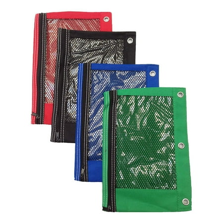 3 Ring Pencil Pouch - School Pencil Pouch for 3 Ring Binders See-Through Mesh Style Assorted Colors (Blue, Red, Black, Green) (2 Pack)