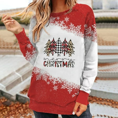 

Lastesso Fashion Women s Print Round-Neck Pullover Tops Long Sleeve Comfortable Blouse Sweatshirt christmas scrub tops women