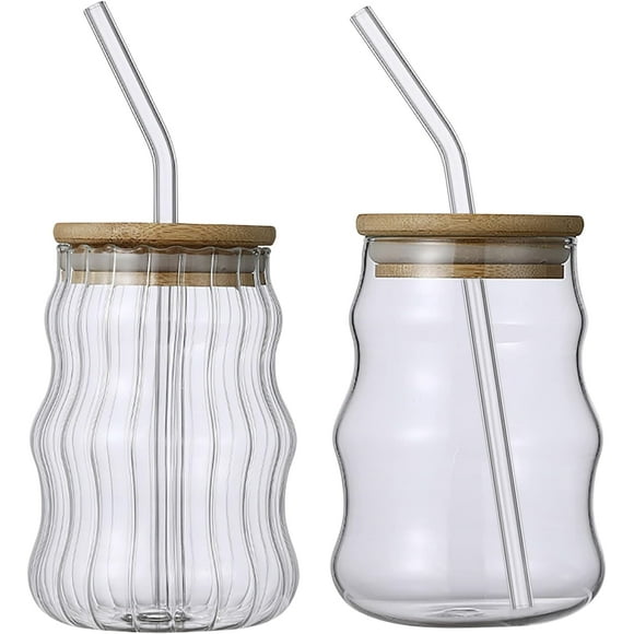 Lucoss 2 Pcs Ribbed Glass Cups, 17 Oz Vintage Drinking Glassware with Wave Shape Design, Bubble Cups for Iced Coffee, Juice, Beverage, Milk, Cocktails, Bubble Tea, and More