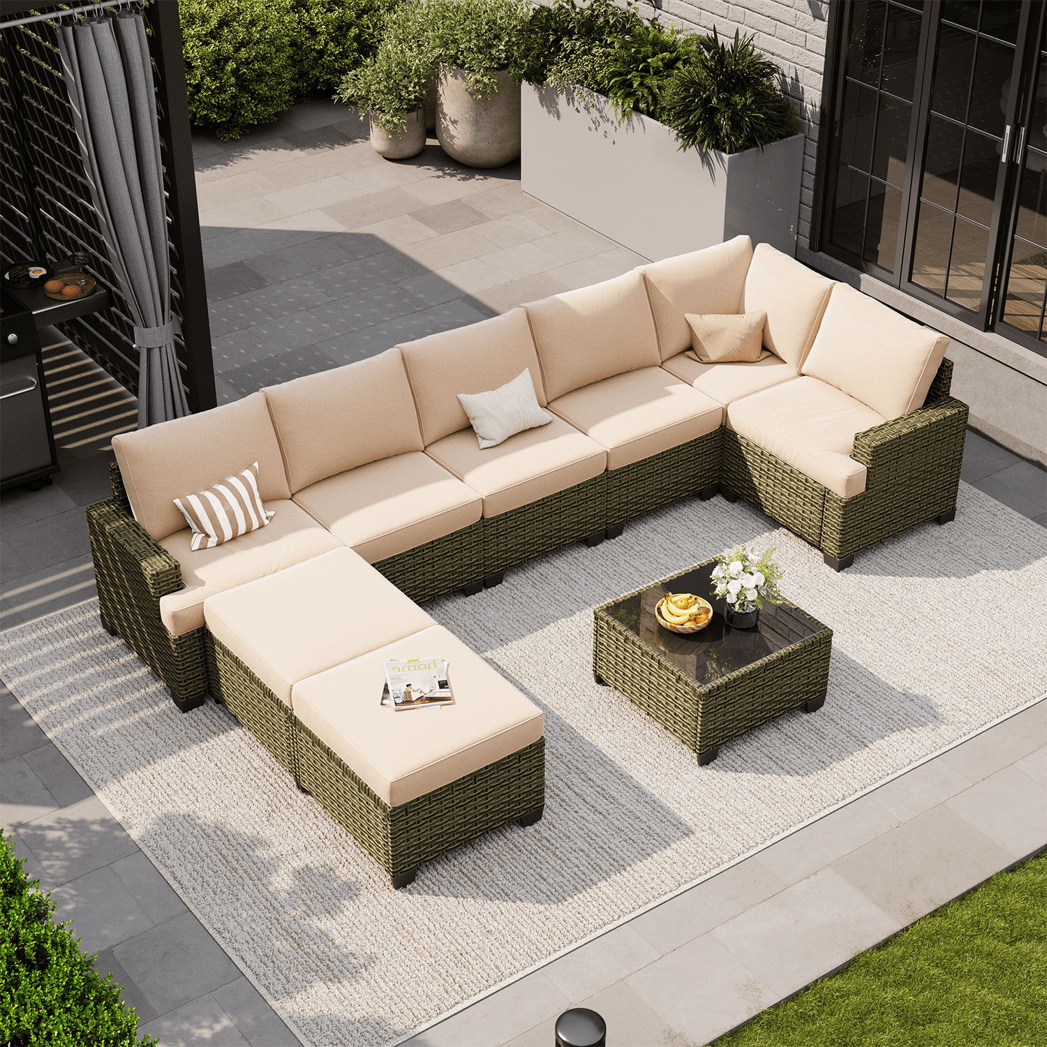 BaPiPro 9-Piece Outdoor Rattan Modular Patio Sofa Set with Thick Beige Cushions, Multi-Use Ottoman and Easy-Clean Coffee Table for Garden and Patio Leisure Use