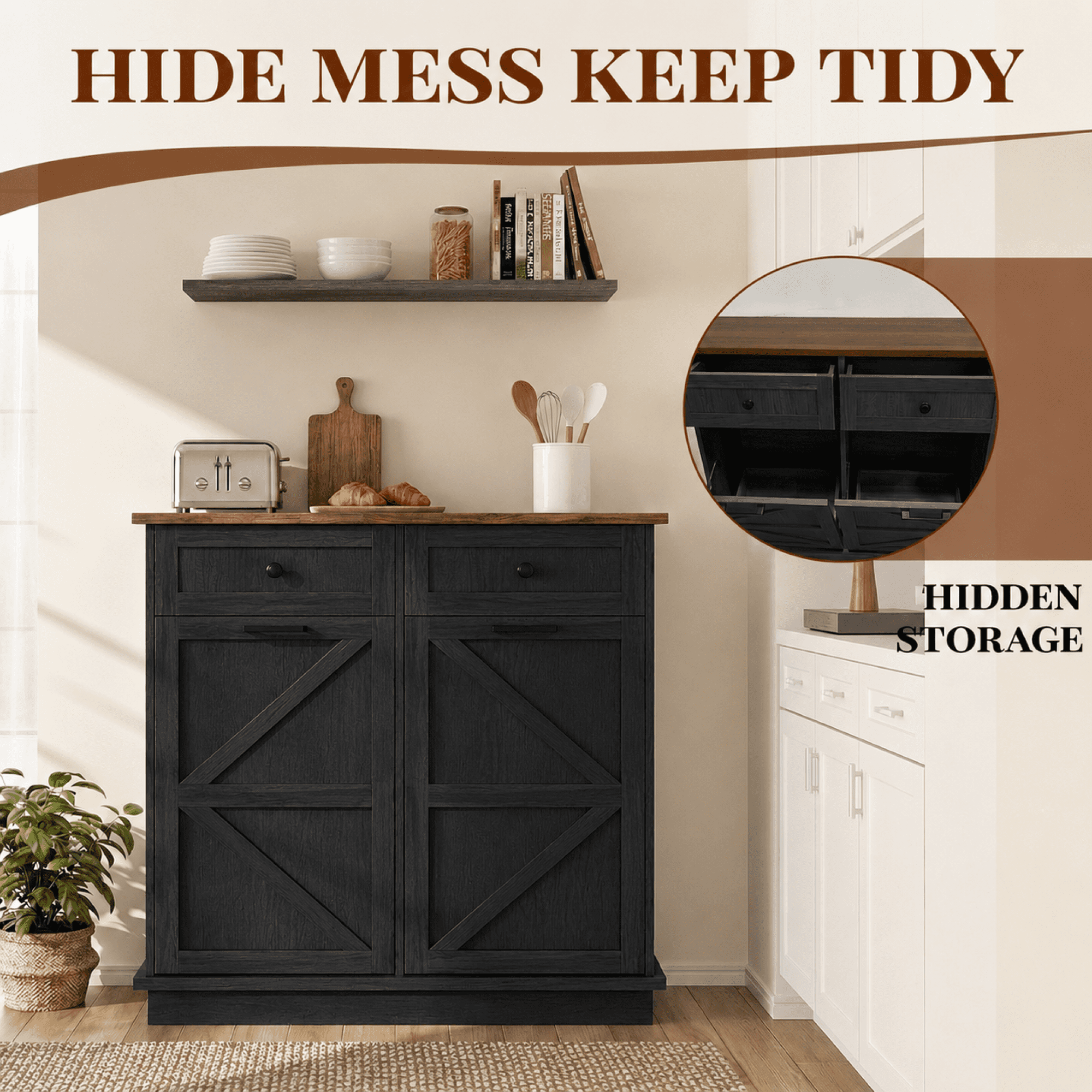 HOQBN Tilt Out Trash Can Cabinet, Farmhouse Wooden Double 10-Gallon Hidden Garbage Bin with Drawer, Dog Proof Storage Cabinet for Kitchen, Laundry and Living Room Black