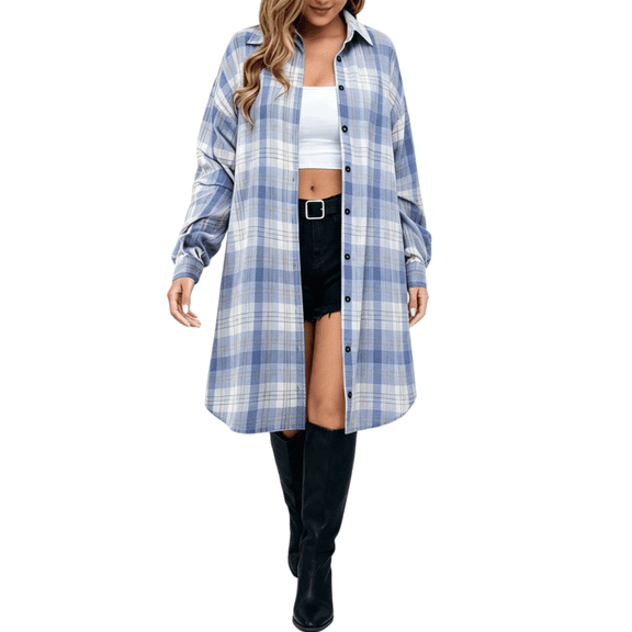 Tawop Flannel Shirts for Women Tunics Plaid Button Down Shirts Long Sleeve Shackets Loose Casual Long Jacket Coats with Pockets