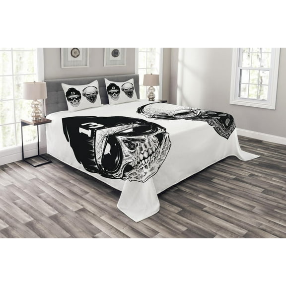 Ambesonne Black White Quilted Bedspread Set 3 Pcs, Funny Skull Band, King Size, Black White