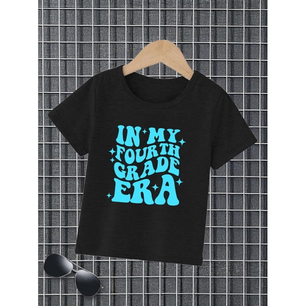 Youngsters' Casual Short Sleeve T-Shirt - iN MY FouRTH GRaDe eRa Graphic Print, Black with Blue Lettering, Machine Washable Summer Top for Back to School & Playdates