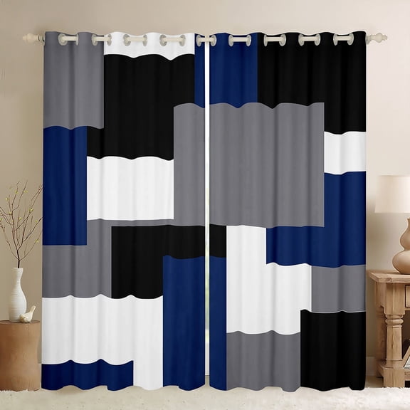 Erosebridal Blue Rectangle Curtains Pack of 2 (42Wx63L),Geometric Sqare Black Out Curtains,Abstract Artwork Curtains for Living Room,Plaid Bedroom Decorative