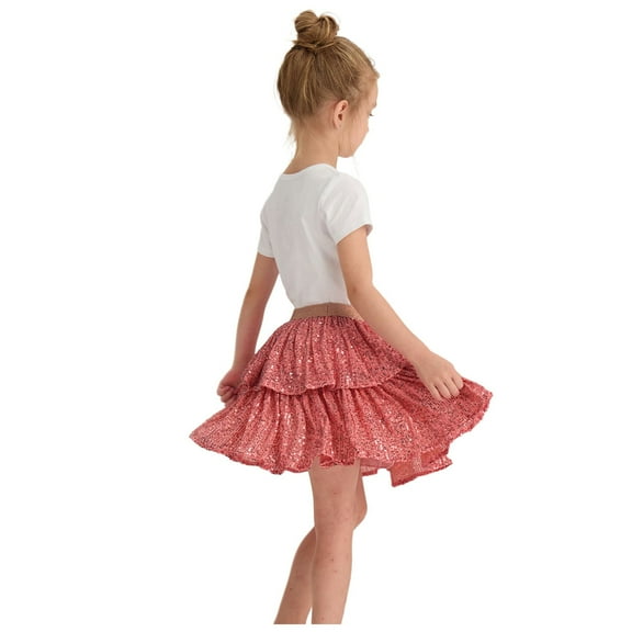 Cathalem Kids Skirt Girl Sparkly Metallic Mini Skirt Princess Teen Disco Dance Pleated Skirts (Pink,130)