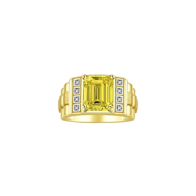 RYLOS Men's Rings Yellow Gold Plated Silver Designer Style 10X8MM Emerald Cut Shape Gemstone & Diamonds Citrine November Birthstone Rings For Men Size 11