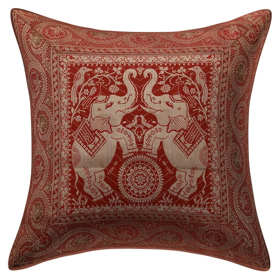 Stylo Culture Ethnic Sofa Throw Pillow Cover 16x16 Jacquard Rust Square 40 x 40 cm Bedroom Decor Pillowcase Brocade Elephant Floral Zippered Cushion Cover | 1 Pc