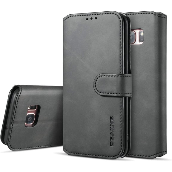 PU Leather Case for Samsung Galaxy S7 Edge, Vintage Retro Premium Wallet Flip Cover TPU Inner Shell [Card Slots] [Magnetic Closure] Stand Function Folio Shockproof Full Protection - Black