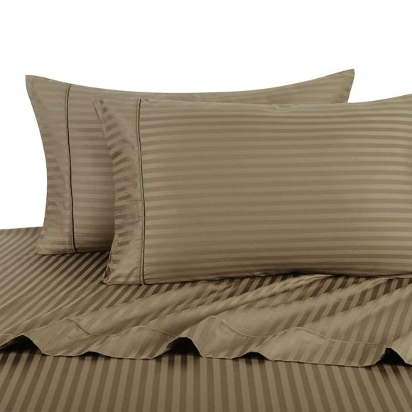 Royal's Striped Taupe 300-Thread-Count 4pc King / California-King Waterbed-Sheets 100-Percent Cotton, Sateen Striped Sheet Set