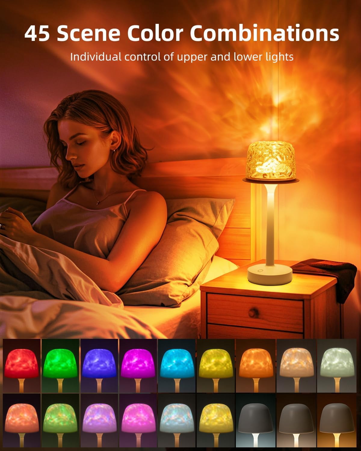 LOFTER-PRO Table Lamps, Ocean Wave Projector Light & Underwater Ripple Lamp – 2-in-1 Cordless Desk Lamp, Dual-Mode Ambient Lighting, USB , 16 Colors RGB, Touch/Remote Control for Bedroom, Living Room