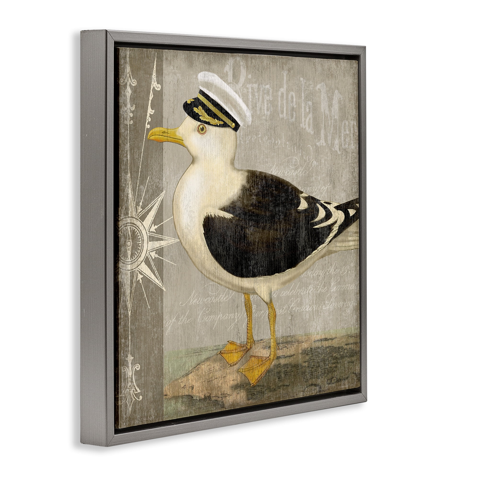 Stupell Industries Little Maritime Seagull Gray Framed Floater Canvas Wall Art, design by Suzanne Nicoll