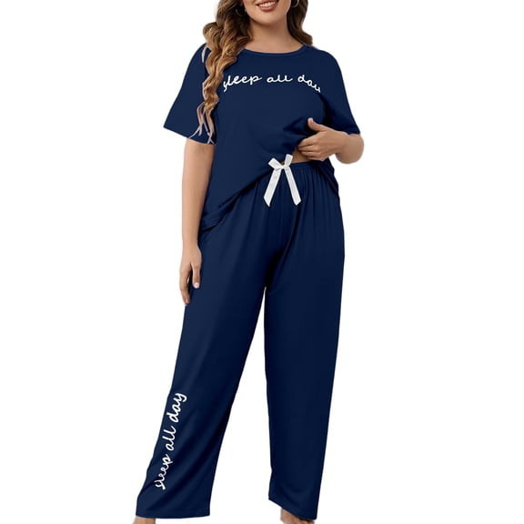 Musefolio Women's Pajama Sets Summer Short Sleeve Round Neck Comfort Fit Solid with Print Casual Sleepwear 1X-5X