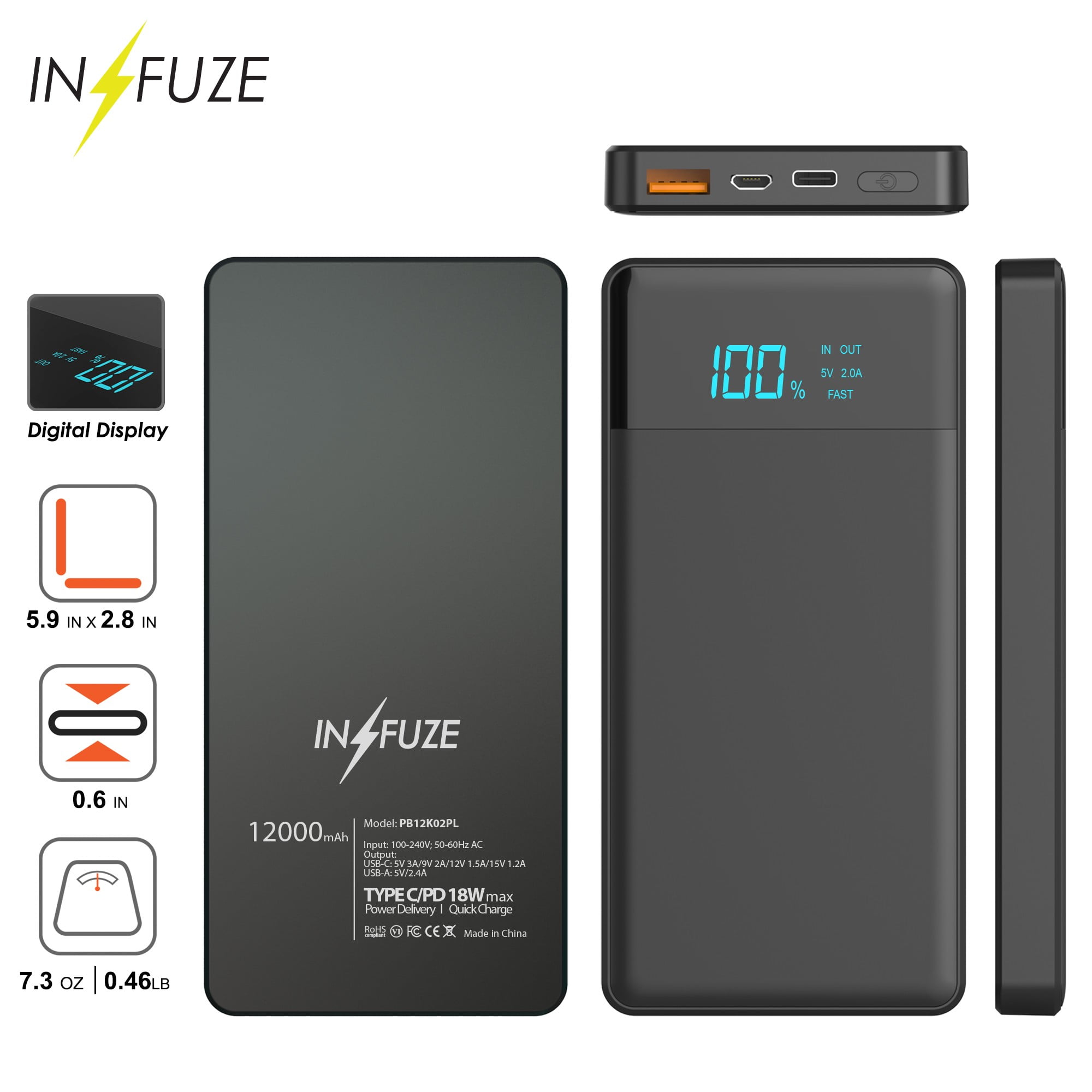 Power Bank [12000 mAH PD-18W Power Delivery Charger],Portable Charger Support Samsung, LG, iPhone & USB Type-C Laptops MacBook, Ninento Switch Matte Black -LED INDICATOR