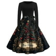 thumbnail image 2 of Women's Casual Fashion Long Sleeve Christmas Graphic Printed Vintage Long Dresses with Round Neck, Fall and Winter Elegant Dress for Holiday Parties,Black,L, 2 of 4