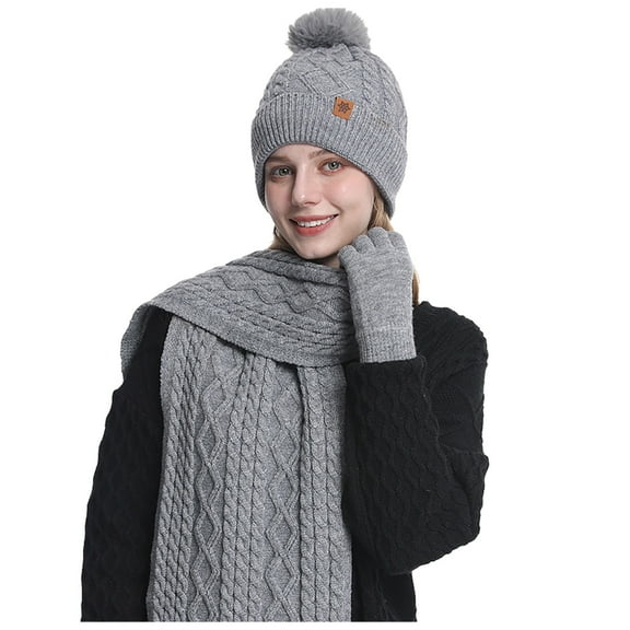 HNMKIU Women's Winter Knit Scarf Hat and Gloves Set Lined Touchscreen Cold Weather Accessories Grey,One Size