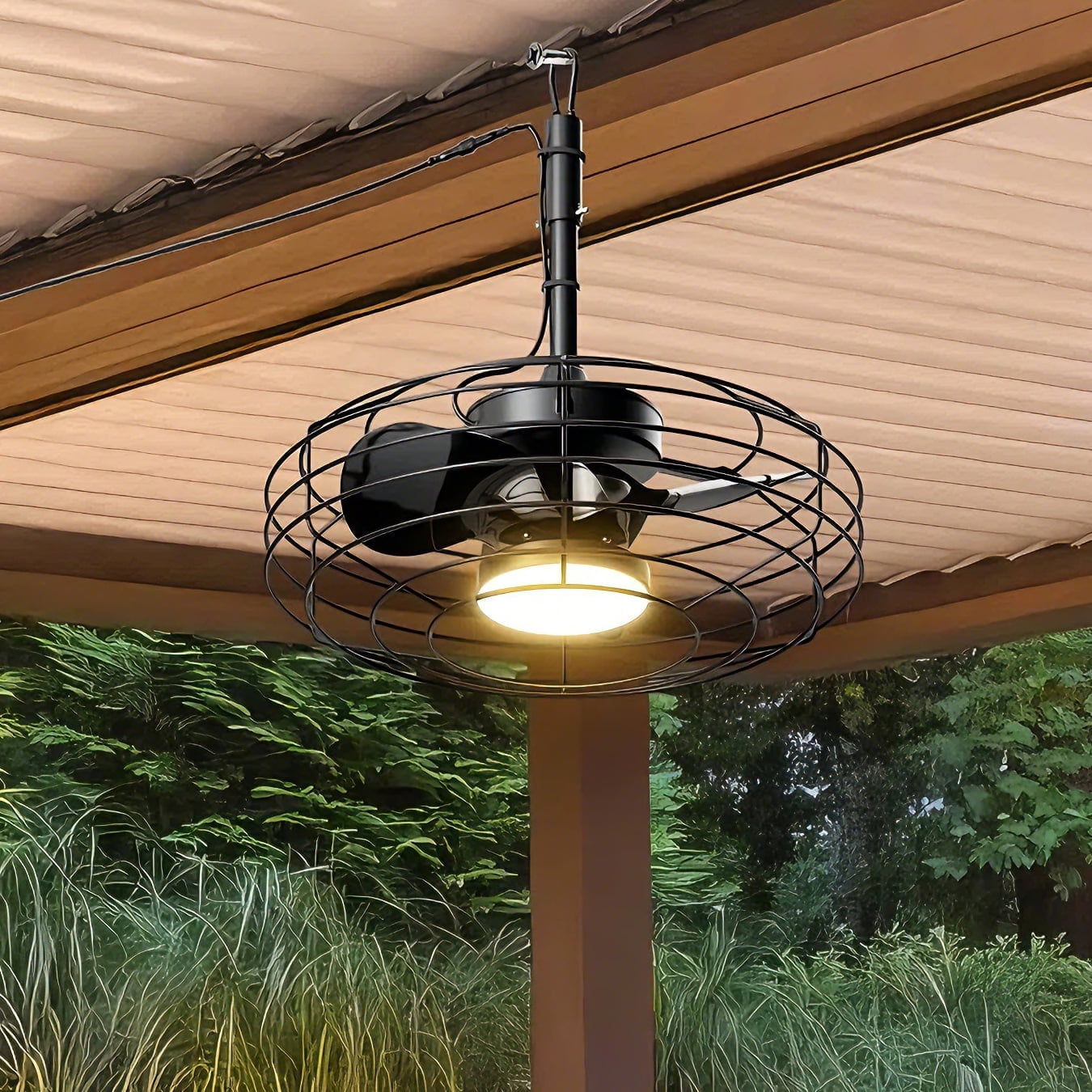 Ohniyou Outdoor Ceiling Fans with Light for Patios, 20" Farmhouse Waterproof Plug in Gazebo Fan Remote&APP Control, Caged Ceiling Fan for Porch Pergola Canopy, Black