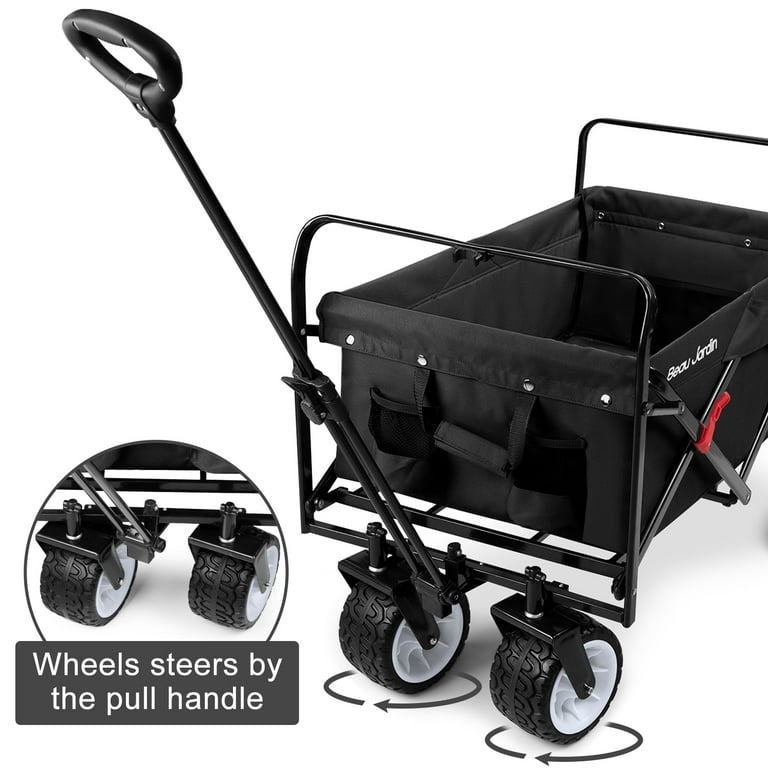 BEAU JARDIN Foldable All Terrain Beach Cart With 360° Wheels, Heavy Duty Utility Black Cart