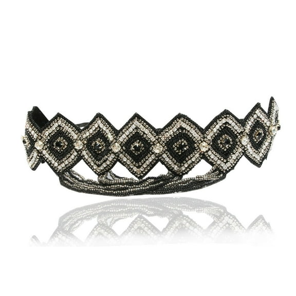 Great Gatsby Headband In Black with Diamond Accent Gatsby Flapper 1920's Rhinestone and Beaded Headband. Adjustable Band to Fit Any Head.