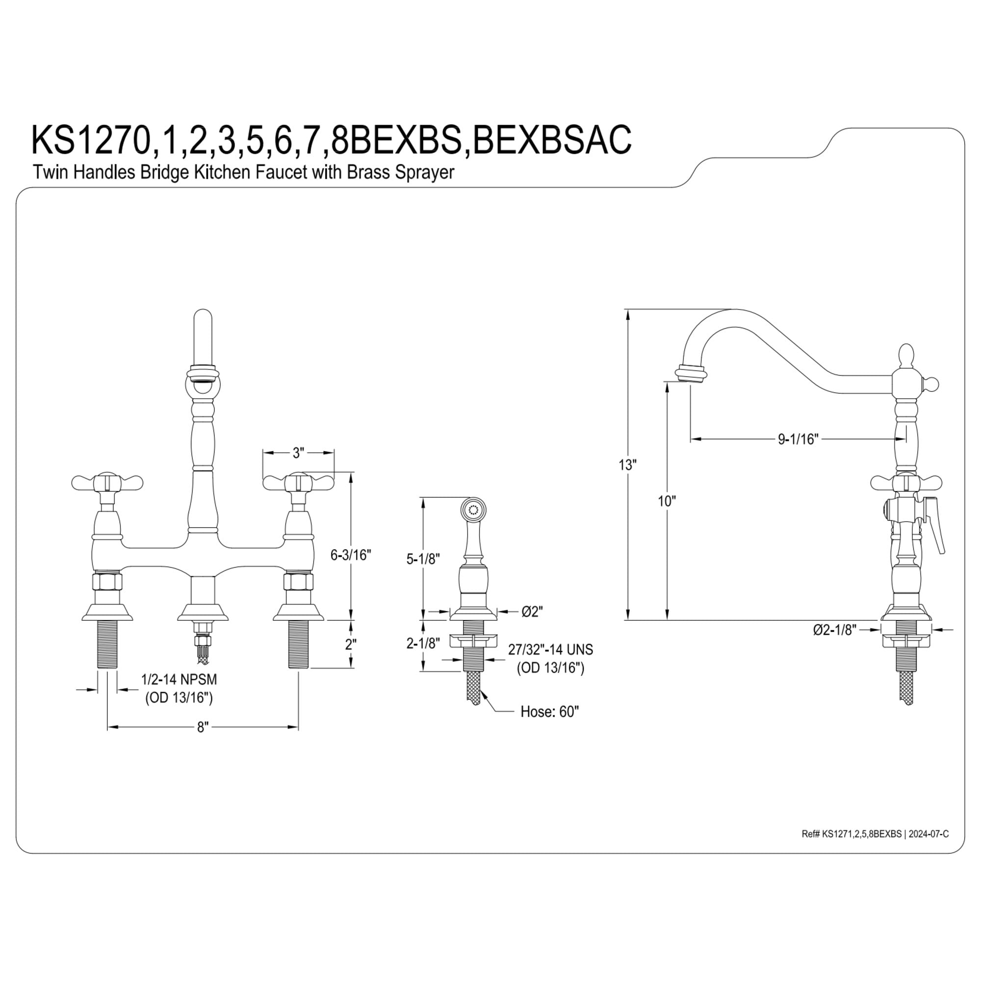 Kingston Brass KS1276BEXBS Essex Bridge Kitchen Faucet with Brass Side Sprayer, Polished Nickel