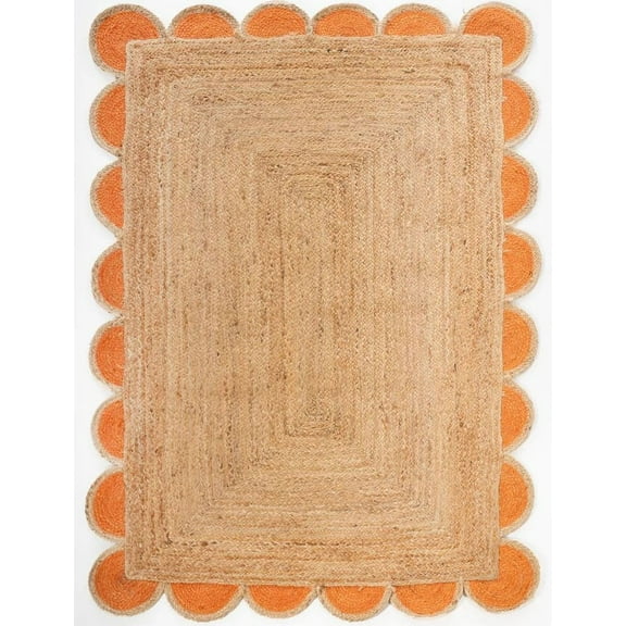 Beautiful Indian Handmade Natural Jute Scalloped rug, Orange Border Floor Décor Carpet , Home Décor Rugs & carpet Size , 2.6 x 8 Feet ( 75 cm x 240 cm )Runner